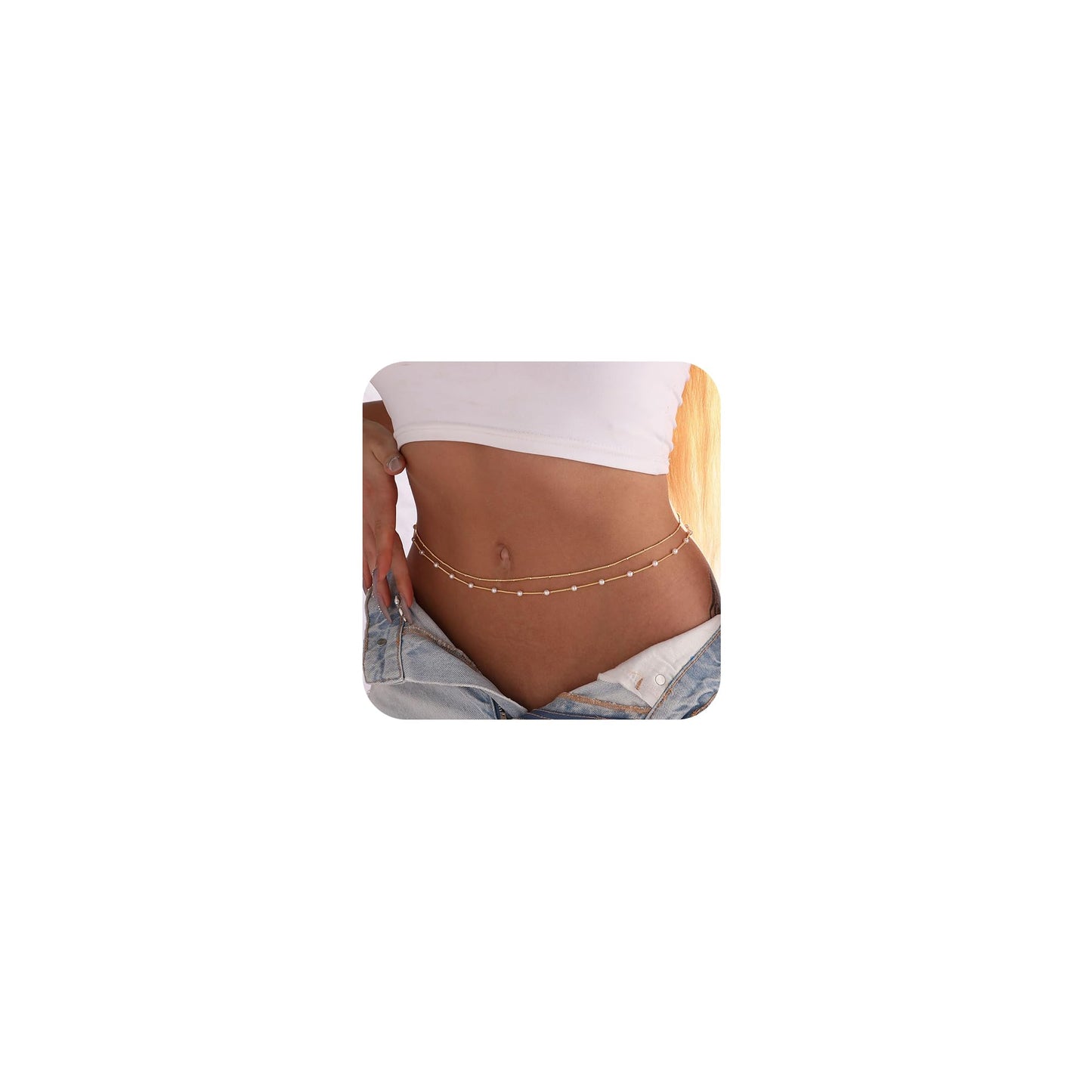 CAROVO Belly Waist Chain for Women 14K Gold Plated Layered Body Chains Boho Pearl Satellite Bead Belly Chain Sexy Bikini Body Jewelry for Women Adjustable