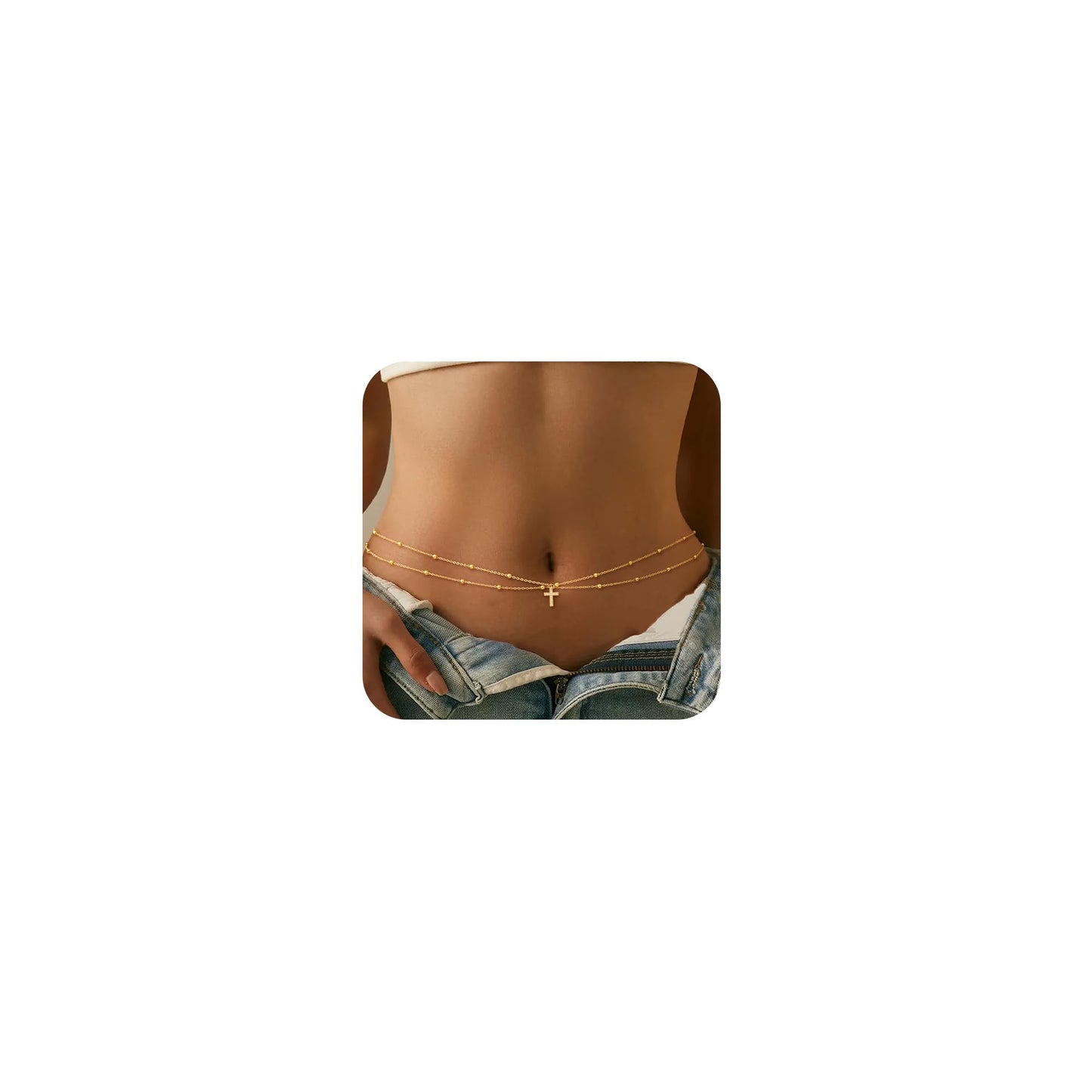 CHESKY Gold Waist Beads, Dainty 14k Gold Plated Waist Chain Non Tarnish Body Chain Jewelry for Women Hypoallergenic Belly Chain Cross Pendant Gold Belly Button Ring Jewelry for Women Gifts