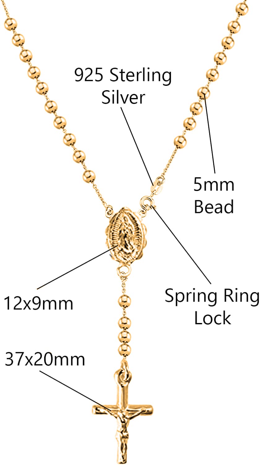 Savlano 925 Sterling Silver Italian Solid Bead Chain Cross & Rosary Virgin Mary Pendant -18K Gold Plated Y Necklace Comes With Gift Box for Women - Made in Italy (20, 5mm)