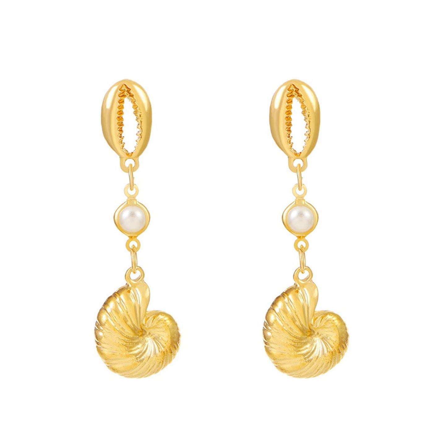 Asymmetric Starfish Seashell Earrings Gold Plated Boho Handmade Charm Cowrie Sea Shell Conch Star Ocean Animals Long Dangle Drop Earrings for Women Hawaii Summer Beach Party Holiday Jewelry Gifts (Gold conch earring)