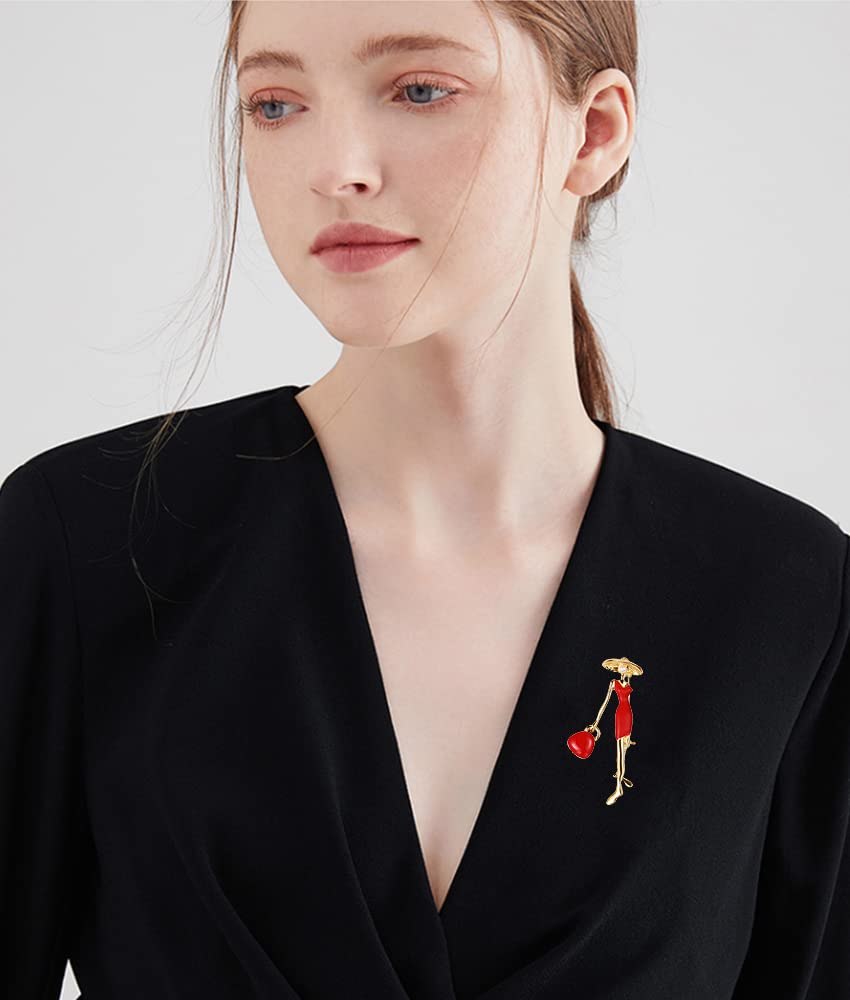Fashion Lady in Red Brooch Pin for Women Girls Cute Enamel Brooches Lapel Pins Hat Bag Dress Accessories Holiday Party Jewelry Gift