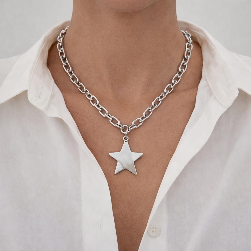 HIHETE Big Star Spiral Necklace Gothic Chunky Pentagram Vortex Pendent Choker, Starfish Seashell Pendant Necklace for Women, Trendy Vacation Star Jewelry Gift (Silver-A)