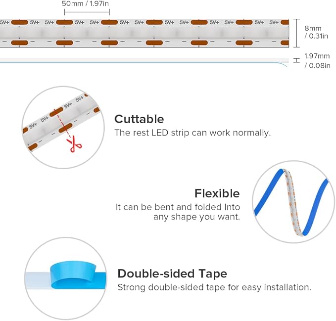 6.56FT/2M 5V USB LED Light Strip Blue Flexible High Density COB Strips 640LEDs, 8mm LED Tape for Under Cabinet Bedroom No Controller and Power
