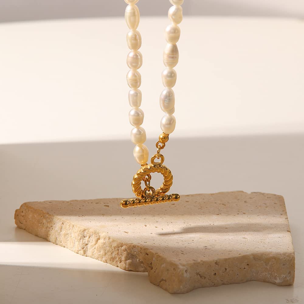 14K Gold Pearl Clavicle Necklace, OT Buckle Freshwater Pearl Beaded Necklace, Beautiful Women's Day, Birthday Gift for Wife,Girlfriend (style two, 14K)