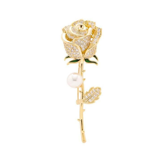 Rose Flower Brooch Elegant Red Rhinestone Crystal Rose Lapel Pin Dress Accessories Jewelry-gold B