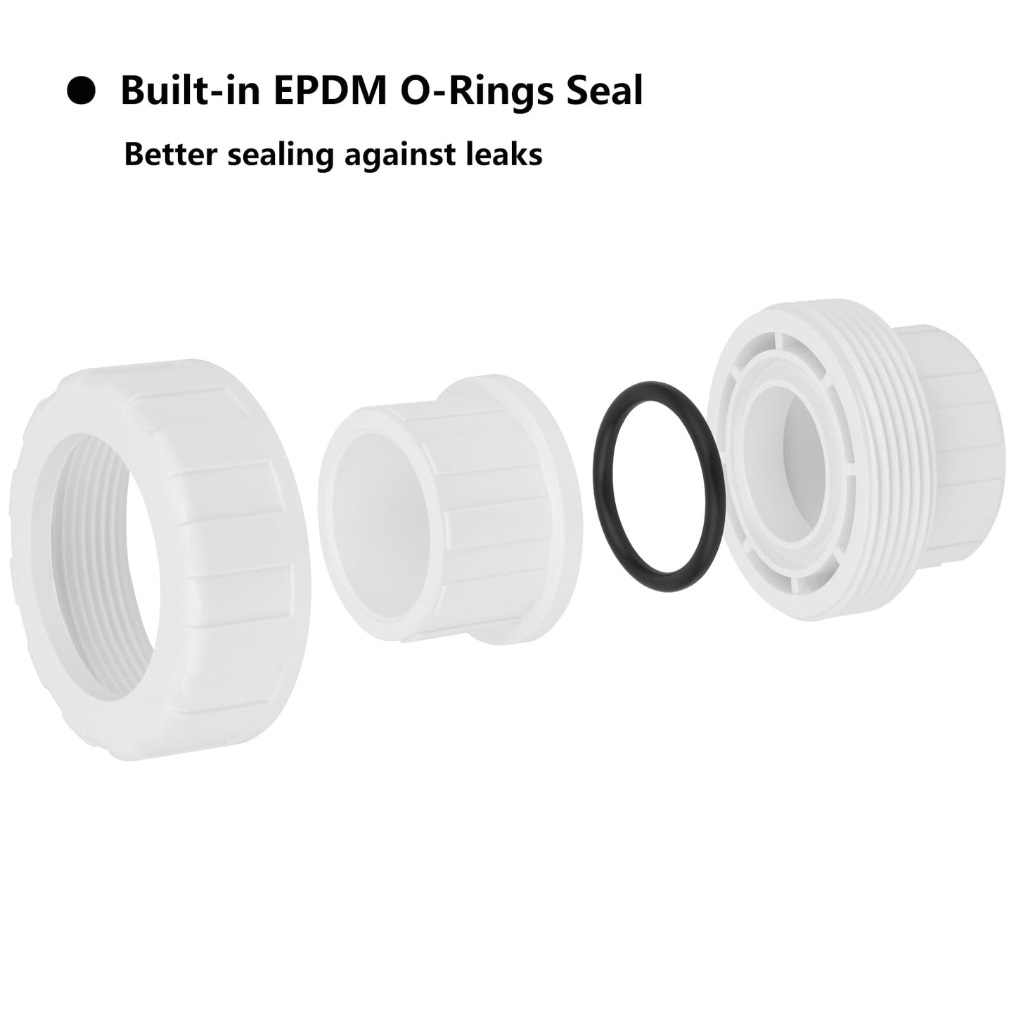 2Pcs 1-1/2" PVC Union Coupling Pipe Fitting (Socket x Socket) 1.5Inch PVC Slip Union PVC Adapter Coupling Schedule 40, EPDM O-Ring, White