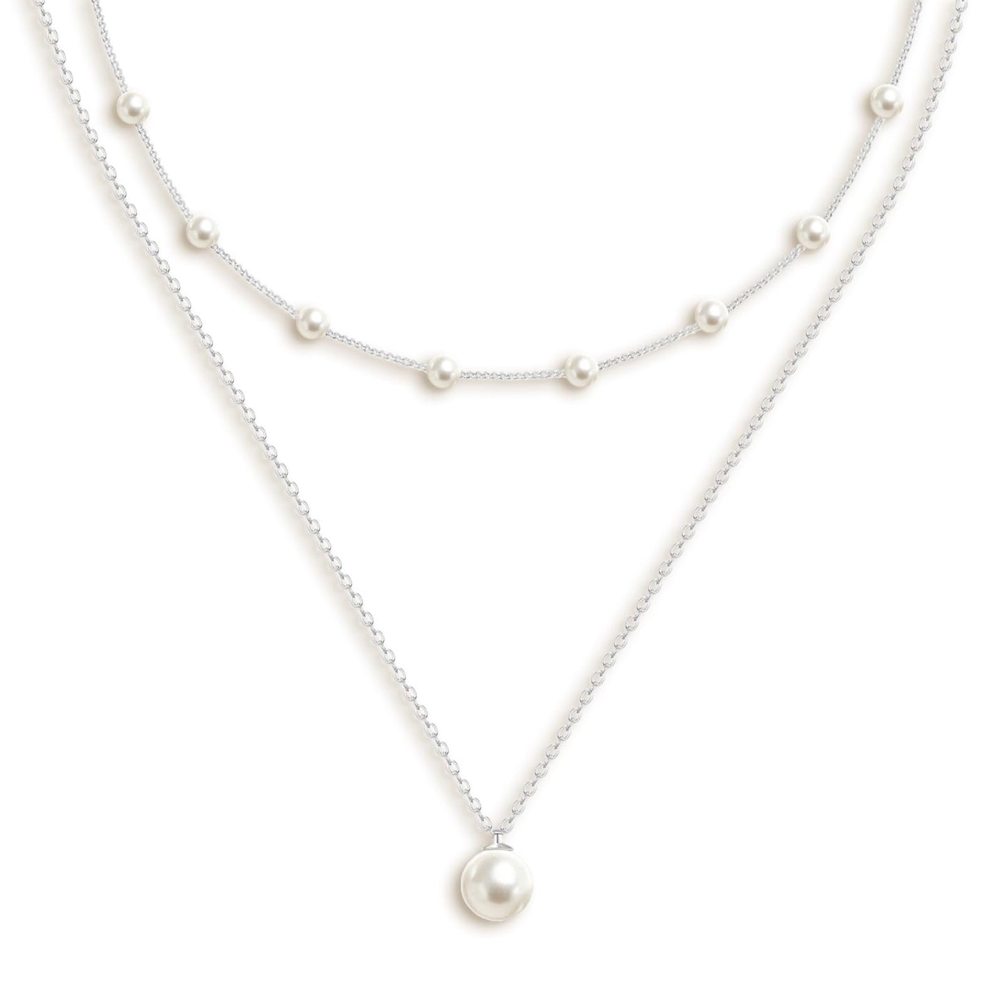 OGD Pearl Necklace for Women Trendy Layered 925 Silver Plated Dainty Pearl Pendant Choker Set Handmade Pearls Silver Necklace Stack Simple Cute Jewelry Gifts for Women