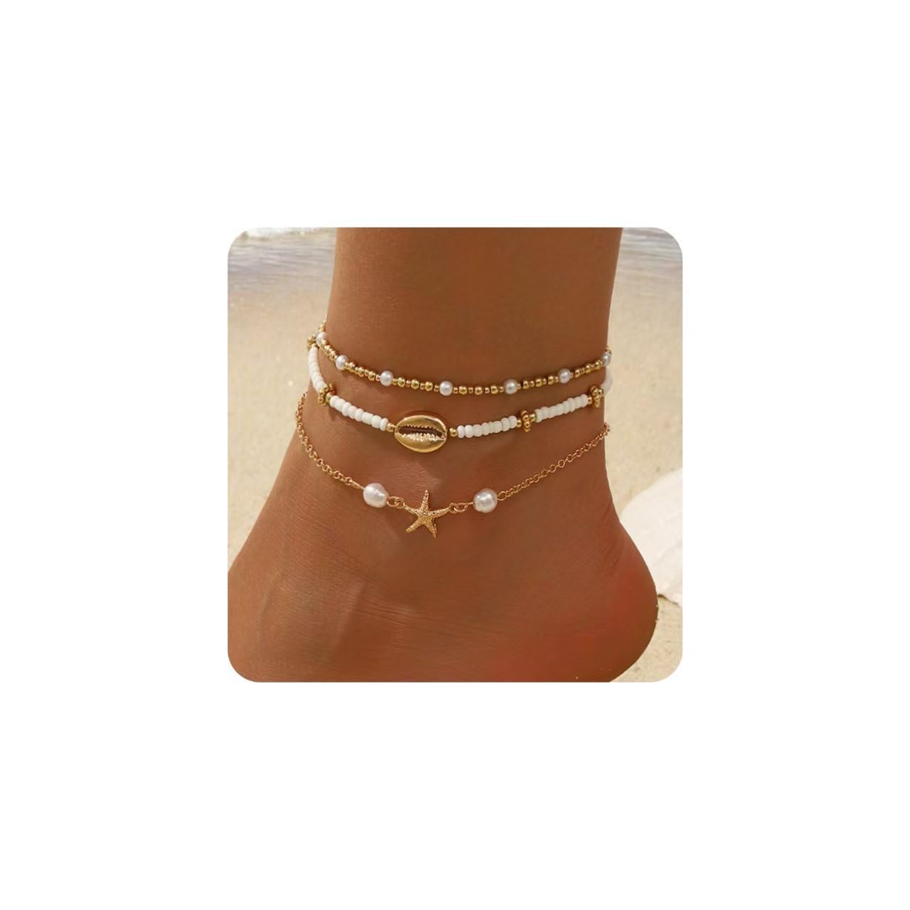 Smilelife Seashell Ankle Bracelets for Women Starfish Bracelets Layered Boho Puka Shell Anklet Cowrie Shell Bracelets Hawaiian Summer Beach Foot Chain Jewelry (Starfish)