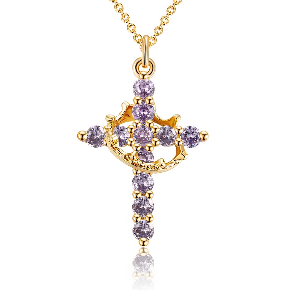 Robaice Birthstone Crown Cross Necklace for Women, Gold-Plated Christian Faith Necklace, Cross Jewelry Gift for Women, June Purple Alexandrite Gift