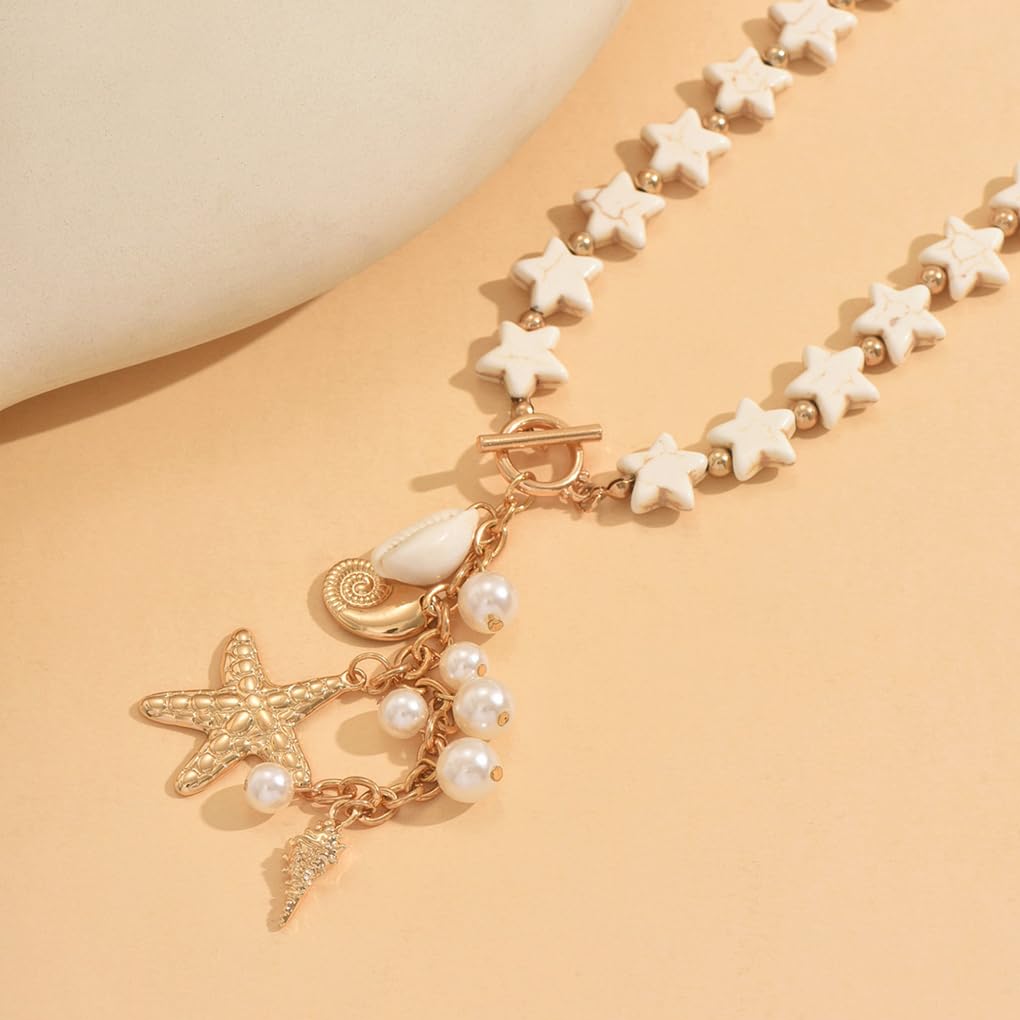 Stringex Seashell Starfish Choker Necklace for Women Boho Gold Starfish Pendant Necklaces Chunky Turquoise Beaded Long Necklace Trendy Holiday Jewelry Gifts (White)