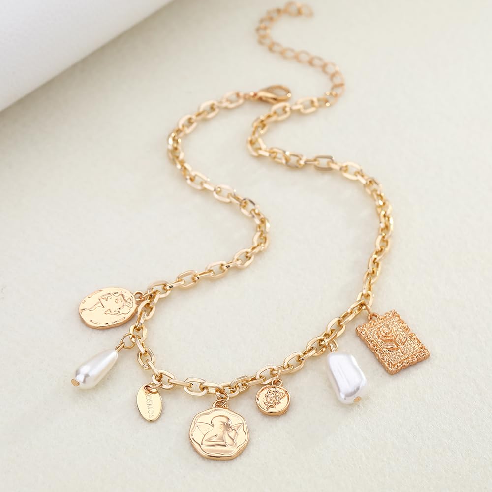 BONJOULRY Gold Charm Necklace for Women White Pearl Choker Head Portrait Square Pendant Necklace Boho Charm Necklaces Jewelry
