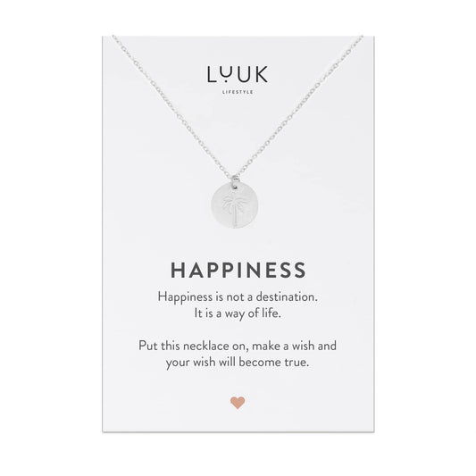LUUK LIFESTYLE Stainless steel necklace for women with palm tree pendant and HAPPINESS card, gift idea, summer symbol, beach motif, friendship present, adjustable length 19”, fashion jewelry, silver