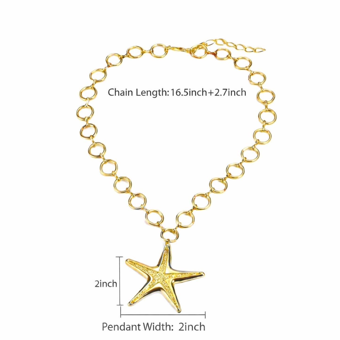 HIHETE Big Star Spiral Necklace Gothic Chunky Pentagram Vortex Pendent Choker, Starfish Seashell Pendant Necklace for Women, Trendy Vacation Star Jewelry Gift (Golden)
