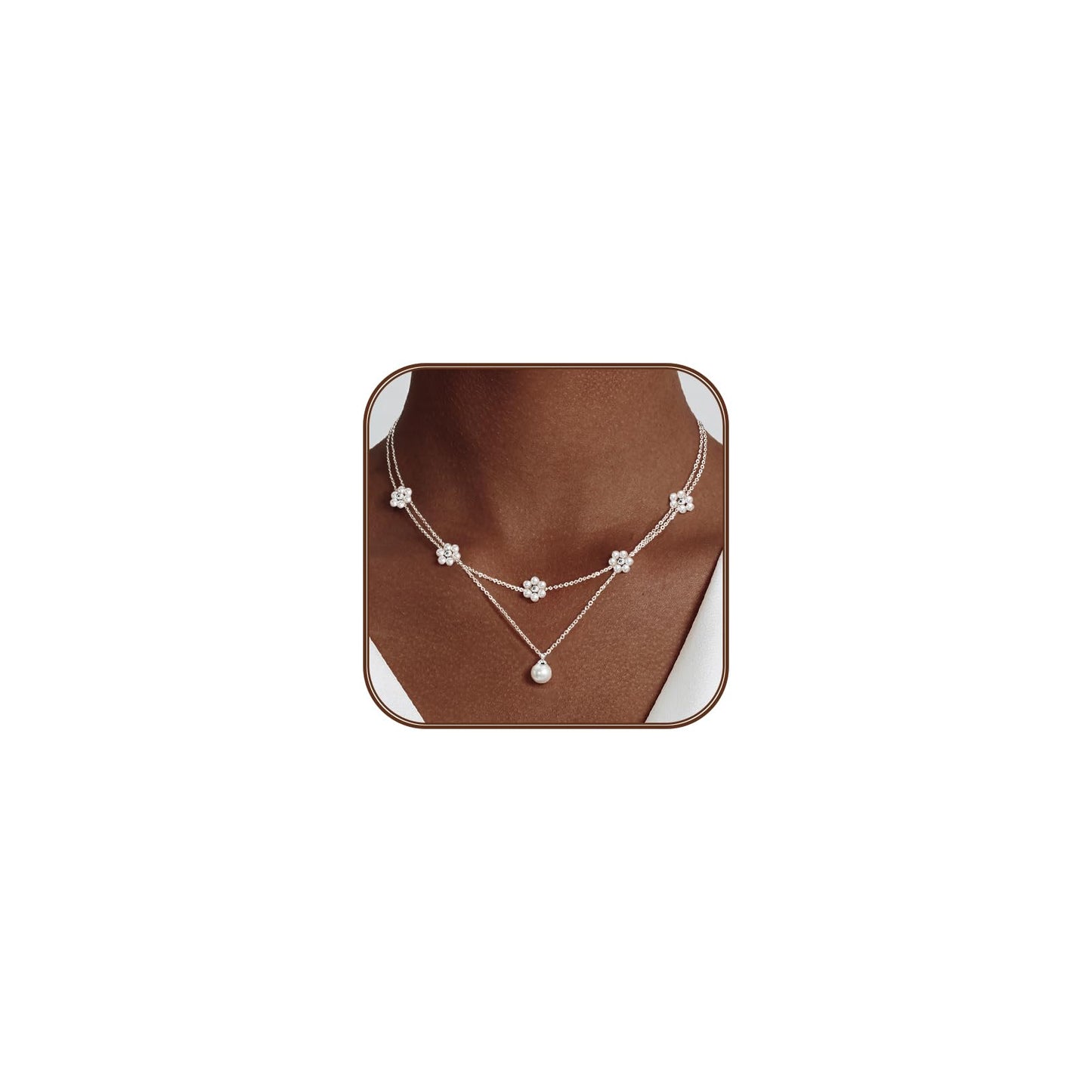OGD Layered Silver Pearl Necklaces 925 Silver Plated Dainty Layered Single Simple Pearl Choker Chain Cute Daisy Pearls Choker Necklace Set Flower Necklaces for Women Trendy Jewelry Gifts