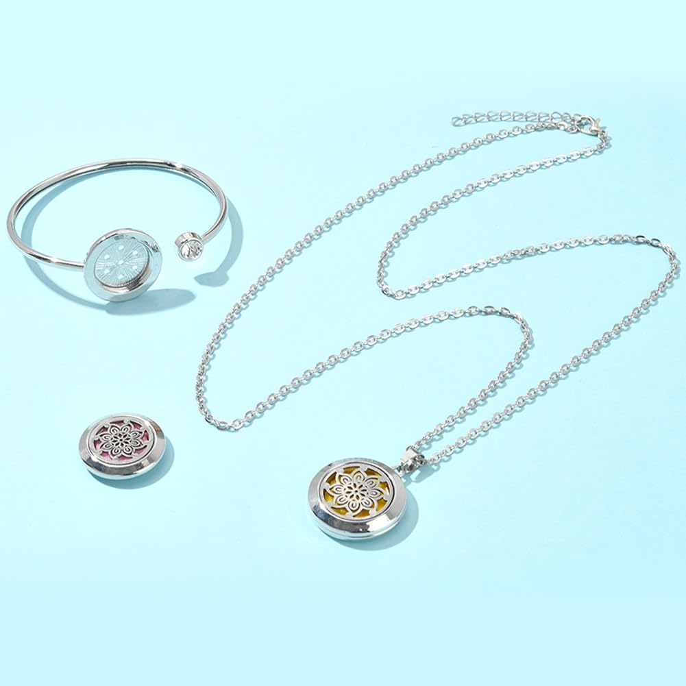 SUNNYCLUE 1Pc Essential Oil Diffuser Bracelet 1Pc Essential Oil Necklace with 10Pcs Refill Pads Flower Stainless Steel Necklaces Adjustable Cuff Bangles Aromatherapy Locket Bracelets for Women Gifts