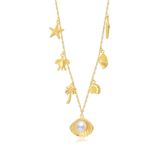 Real Pearl Beach Necklace for Women 18K Gold Plated Starfish Conch SeaShell Pendant Summer Beach Vacation Jewelry Gift for Birthday