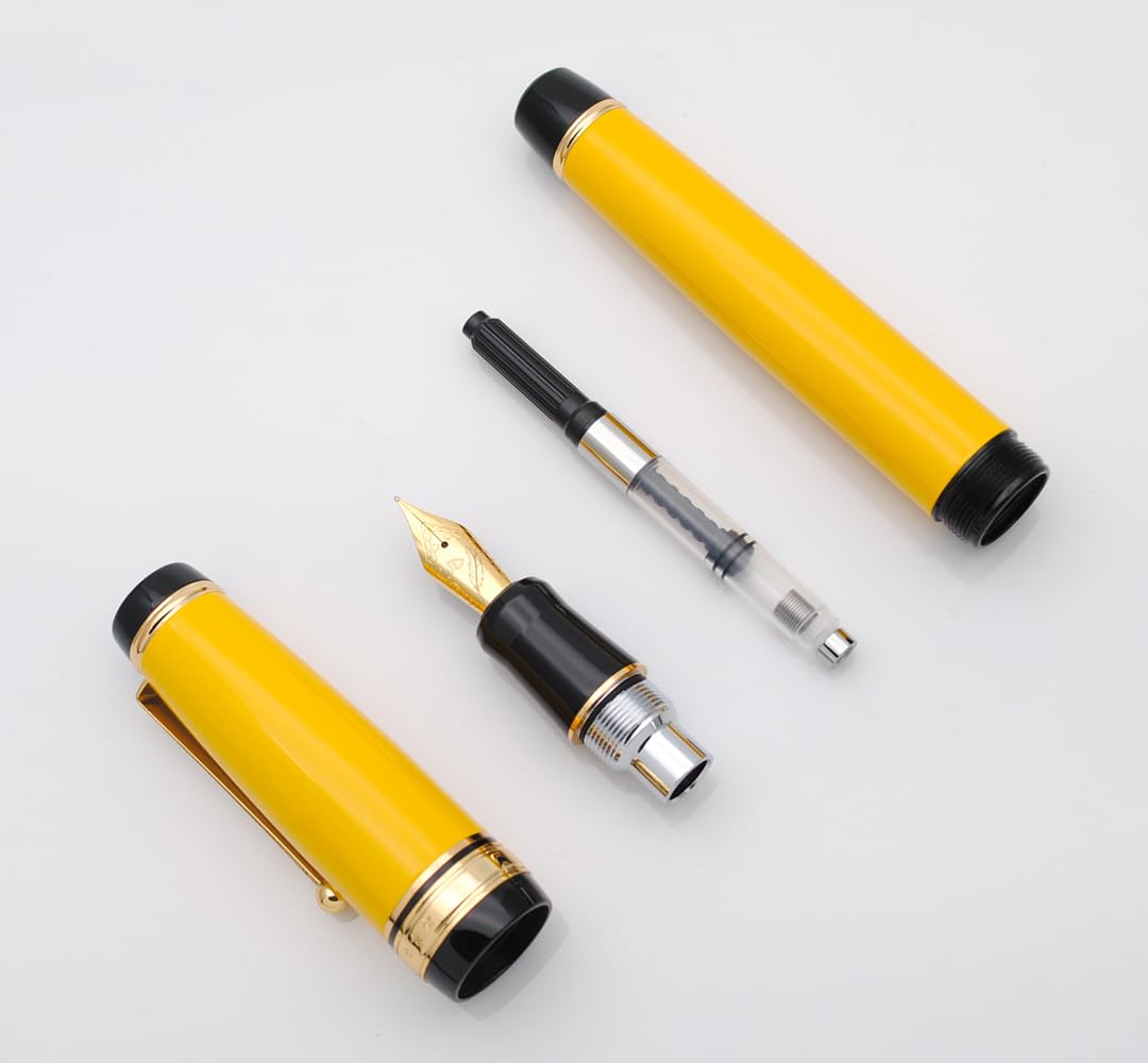 xixixiaozhu Metal Big Fountain Pen Set Medium Nib 0.7mm, Includes Ink Refill Converter, 5 Ink Cartridges & Gift Box (Medium Nib 0.7mm, Yellow)