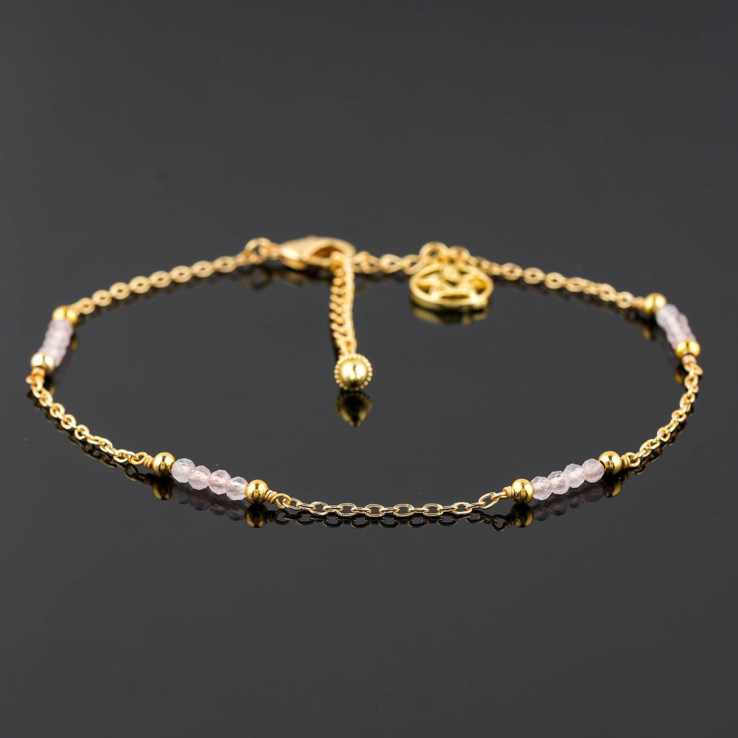 CRYSTALINES Natural Rose Quartz Gemstone Beads, Handmade Station Dangle Star Charms Anklet, 14K Gold Plated, Adjustable Fashion Boho Jewelry for Women, Healing Crystals, Christmas Gift