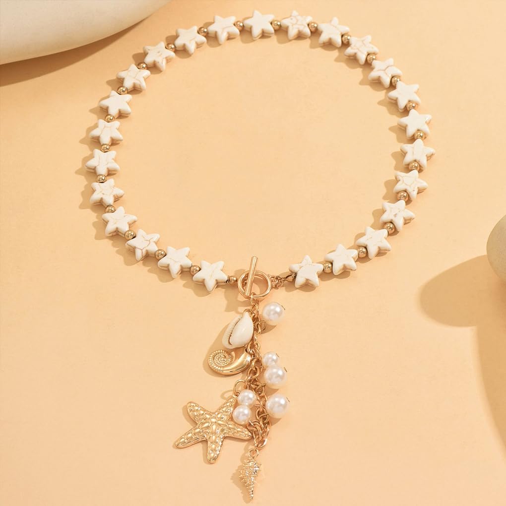 Stringex Seashell Starfish Choker Necklace for Women Boho Gold Starfish Pendant Necklaces Chunky Turquoise Beaded Long Necklace Trendy Holiday Jewelry Gifts (White)