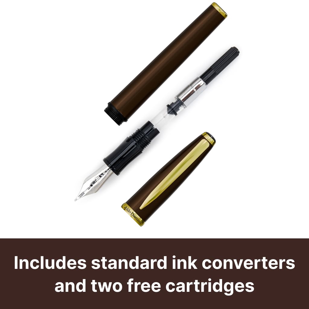 Monteverde USA Aldo Domani Fountain Pen Brown – Medium Nib – Free Ink Bottle, Converter & 2 Cartridges – Gift Box Included