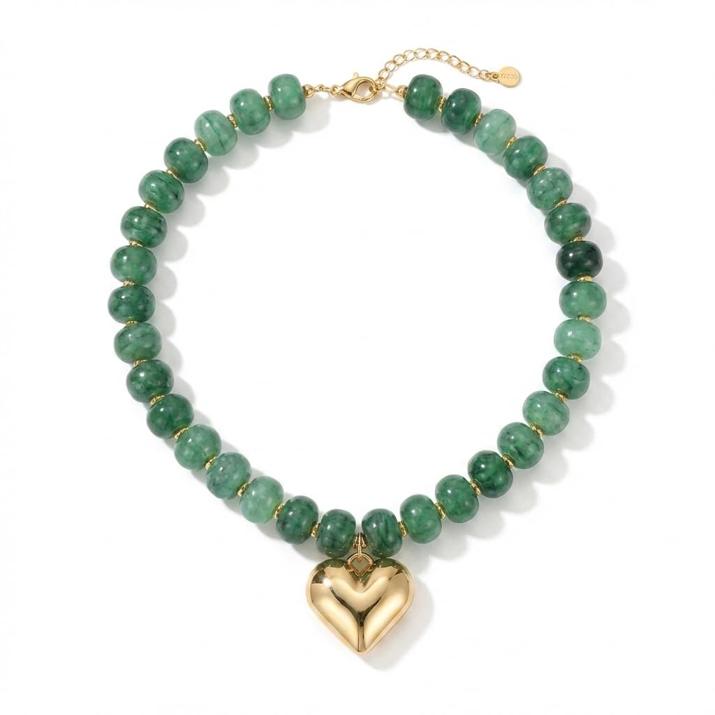 Frigotine Chunky Heart Necklace for Women, Green Acrylic Resin Beaded Choker with Gold Puffy Heart Pendant, Trendy Statement Jewelry Gift
