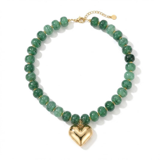 Frigotine Chunky Heart Necklace for Women, Green Acrylic Resin Beaded Choker with Gold Puffy Heart Pendant, Trendy Statement Jewelry Gift