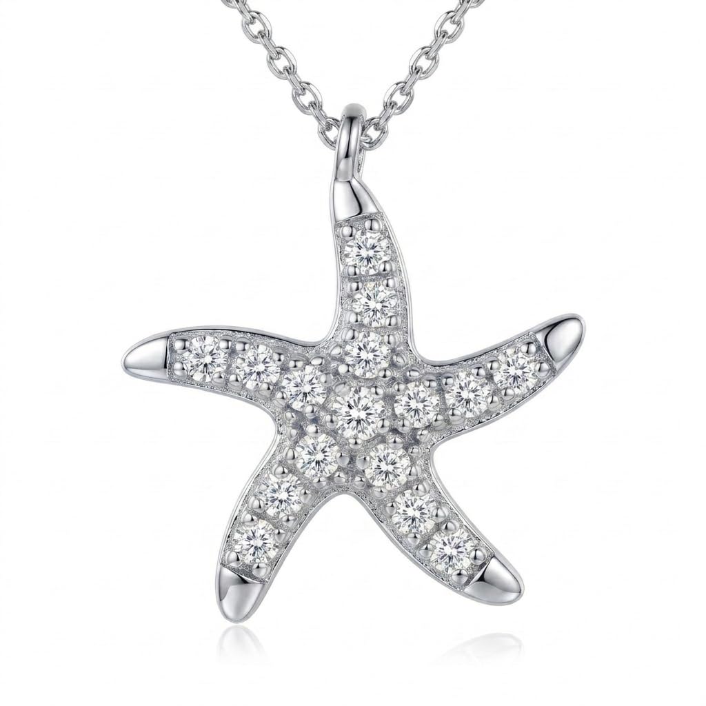 S925 Sterling Silver Starfish Necklace with Fresh Water Pearl, Sparkling Pave Zirconia Sea Star Pendant, Dainty 14K Gold Plated Asymmetric Choker, Ocean Beach Inspired Jewelry Gift for Women (sliver)