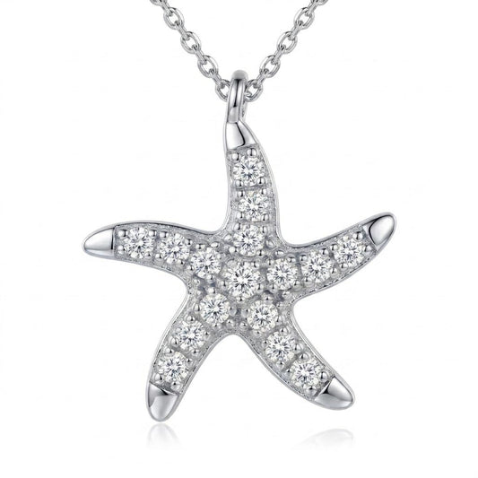 S925 Sterling Silver Starfish Necklace with Fresh Water Pearl, Sparkling Pave Zirconia Sea Star Pendant, Dainty 14K Gold Plated Asymmetric Choker, Ocean Beach Inspired Jewelry Gift for Women (sliver)