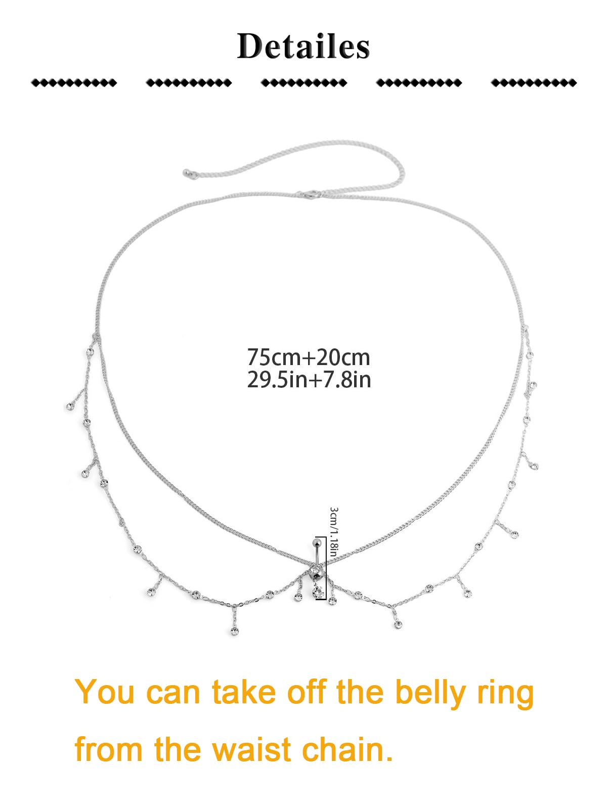 Longita Silver Waist Chain for Women Silver Belly Chain With Belly Rings Layered Stomach Chains Rhinestone Body Chain Waist Jewelry with Navel Ring