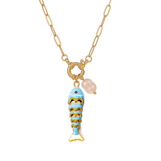 Color Enamel Boho Fish Necklace for Women, Dainty Gold Paper Clip Chain Cute Colorful Lucky Fish Pearl Pendant Safety Pin Necklaces Beach Hawaiian Summer Ocean Minimalist Jewelry Gift for Her (Light Blue)