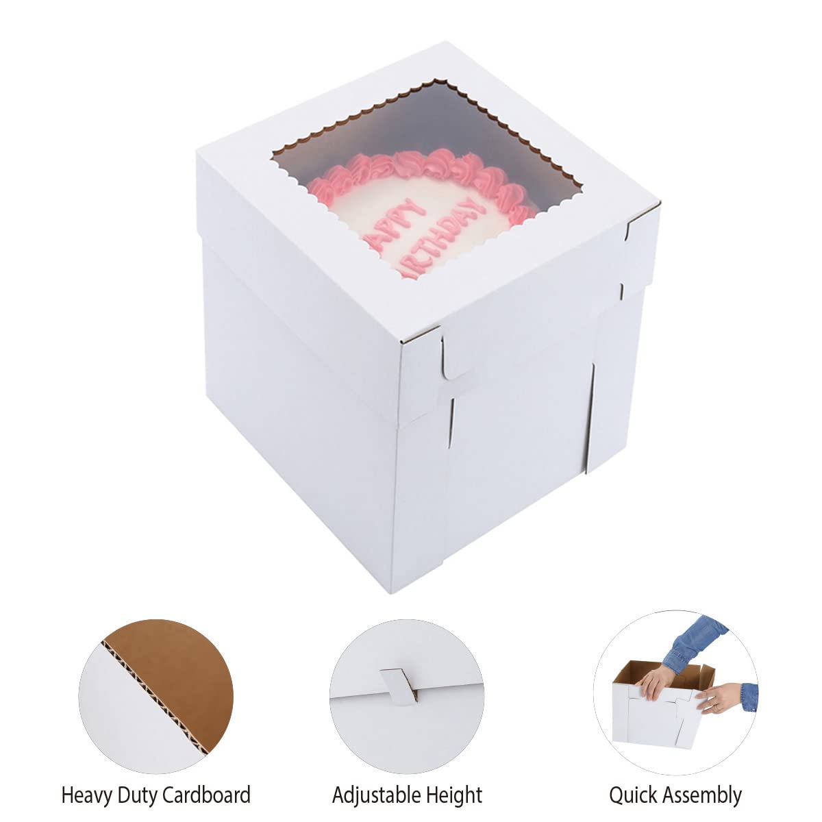Huoshange Tall Cake Boxes for Tier Cakes,8X8X10 Inch [4Pack ] Thick Sturdy Cake Box with Window,White Cake Carrier, Disposable Cake Containers