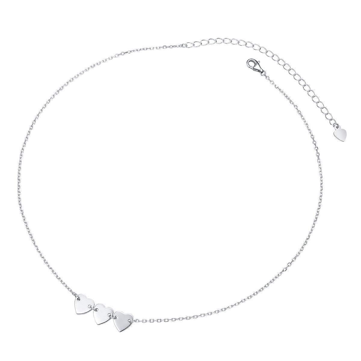 DAOCHONG Sterling Silver Triple 3 Heart Choker Necklace - Dainty Three Hearts Station Choker, Adjustable Delicate Silver Love Necklace for Women, Meaningful Friendship & Family Jewelry Gift