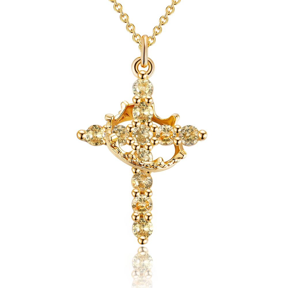 Robaice Birthstone Crown Cross Necklace for Women, Gold-Plated Christian Faith Necklace, Cross Jewelry Gift for Women, November Yellow Citrine Gift