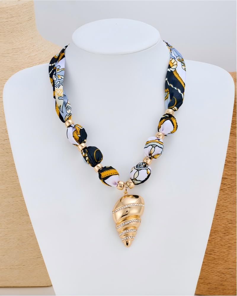 FAUTHENTICUTE Gold Conch Shell Pendant Necklace With Black Printed Ribbon Boho Silk Scarf Statement Necklace for Women Summer Beach Choker Necklaces