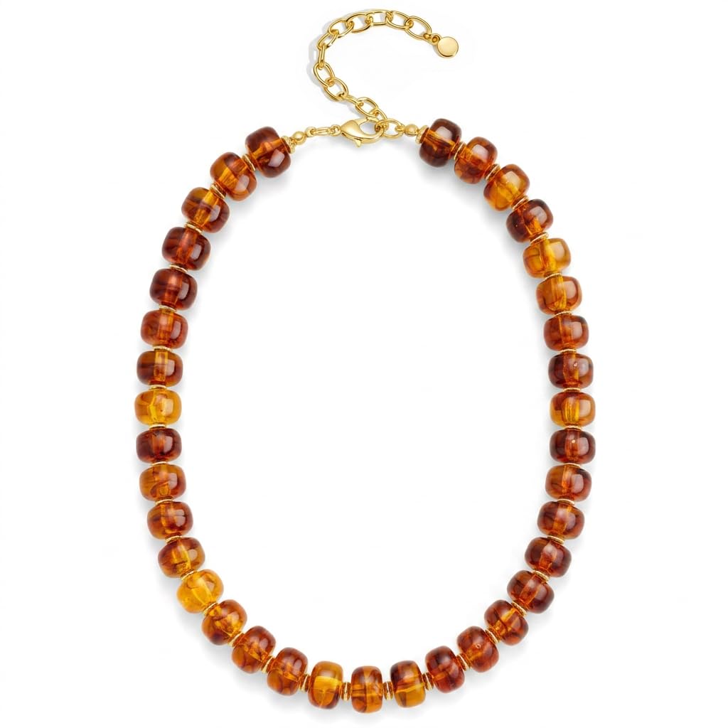 FAUTHENTICUTE Amber Beaded Choker Necklace for Women Chunky Statement Boho Western & Summer Beach Necklaces Trendy Everyday Brown Beaded Choker Necklaces for Women