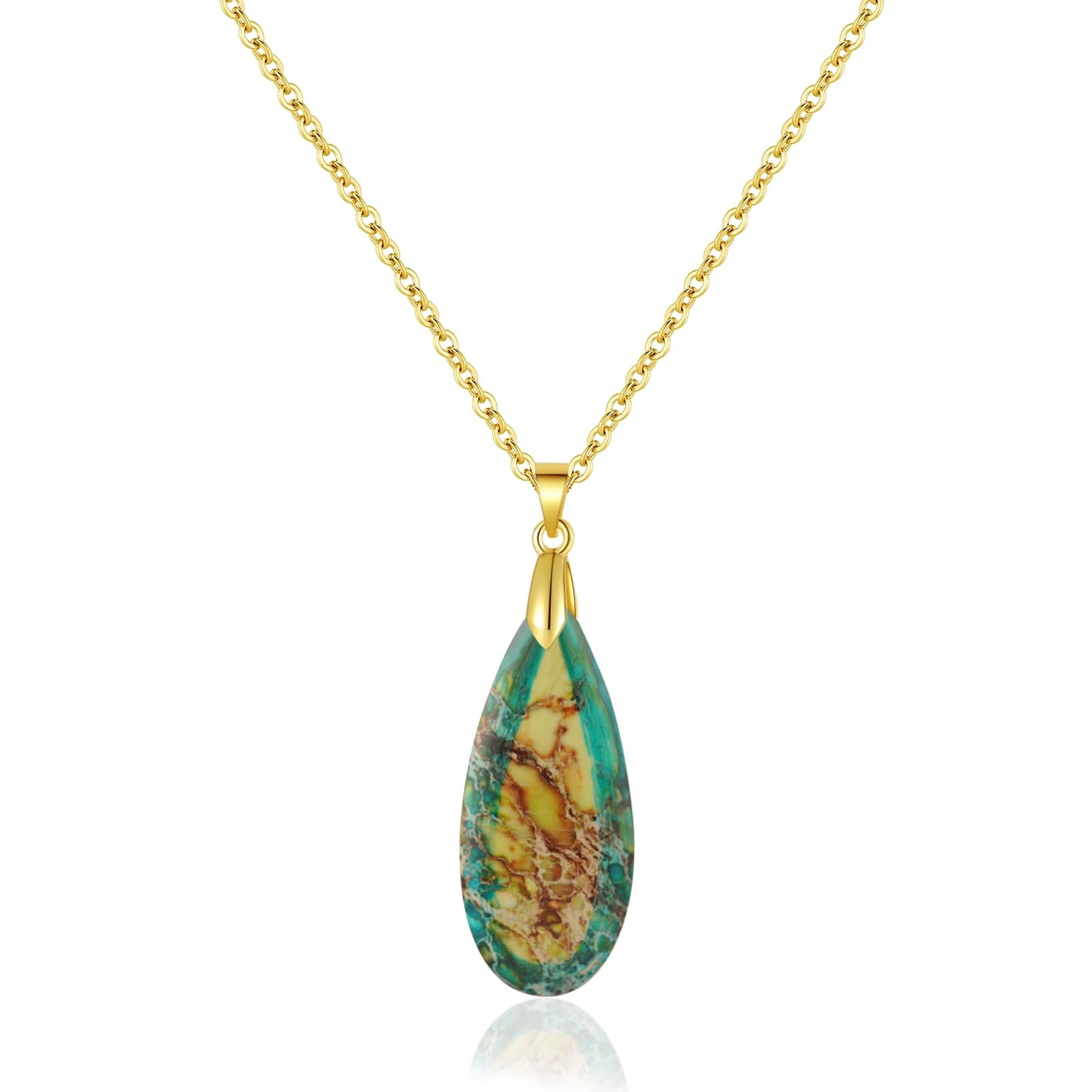 Sriomu Natural Healing Stone Chain Necklaces for Women Teardrop Gemstone Pendant Statement Gold Necklace (Yellow Green - Gold)