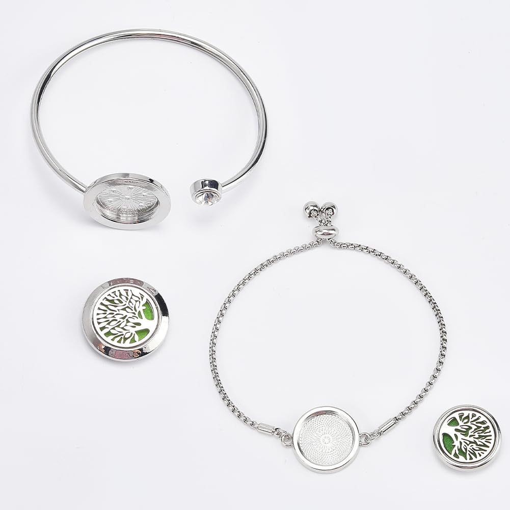 SUNNYCLUE 1 Box 2 Sets Essential Oil Diffuser Bracelets Essential Oil Bracelet Bangles with 10Pcs Refill Pad Tree of Life Stainless Steel Aromatherapy Locket Adjustable Jewelry for Women Gifts Travel