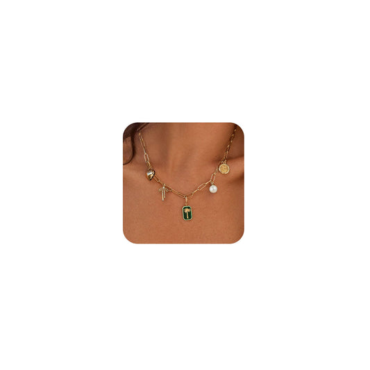 SELSHE Charm Necklace for Women,Dainty Gold Heart Bow Necklace Charms Cute 14k Gold Plated Necklaces for Women Trendy Waterproof Jewelry