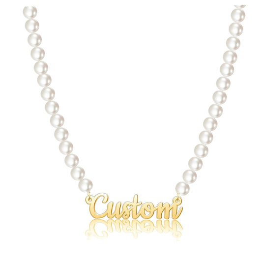 POPLYKE Custom Name Necklace with Pearl Sterling Silver Chain 7-8mm Round White Pearl Necklaces Personalized Choker Name Jewelry Gifts for Women