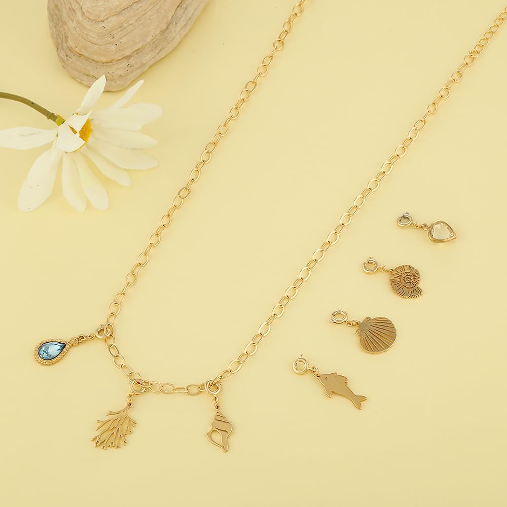 Rambling Rose 14K DIY Charms Necklace,Coral Necklace Beach by the Sea Ocean vacation necklace Gold Shell Pendant Necklaces (Style J)