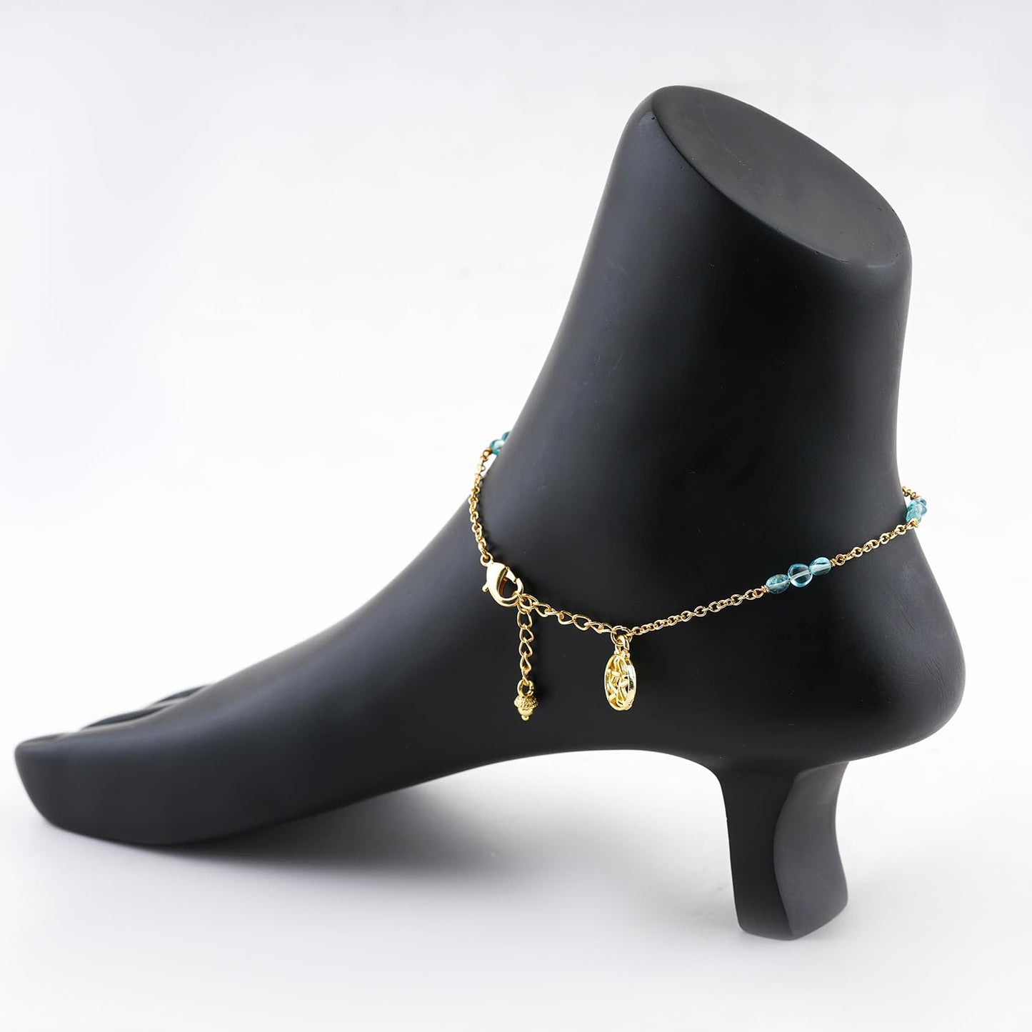 CRYSTALINES Natural Sky Blue Apatite Gemstone Nuggets Beads, Handmade Station Dangle Star Charms Anklet, 14K Gold Plated, Adjustable Fashion Boho Jewelry for Women, Healing Crystals, Christmas Gift