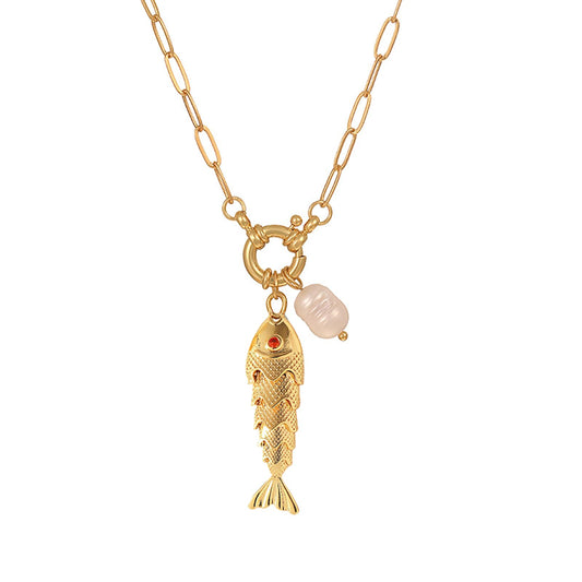 Color Enamel Boho Fish Necklace for Women, Dainty Gold Paper Clip Chain Cute Colorful Lucky Fish Pearl Pendant Safety Pin Necklaces Beach Hawaiian Summer Ocean Minimalist Jewelry Gift for Her (Gold)