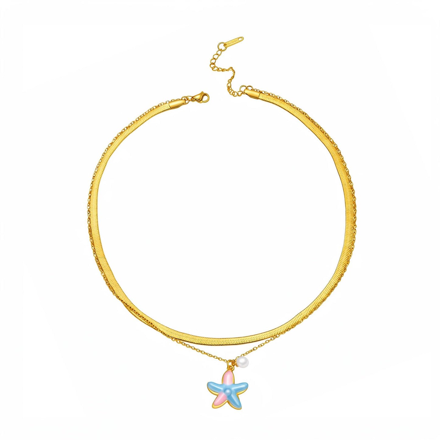 Layered Gold Shell Starfish Necklace for Women Blue Starfish Shell Pendant Necklace Vintage Stainless Steel Pearl Snake Chain Necklace Summer Beach Jewelry Gifts (Starfishs)