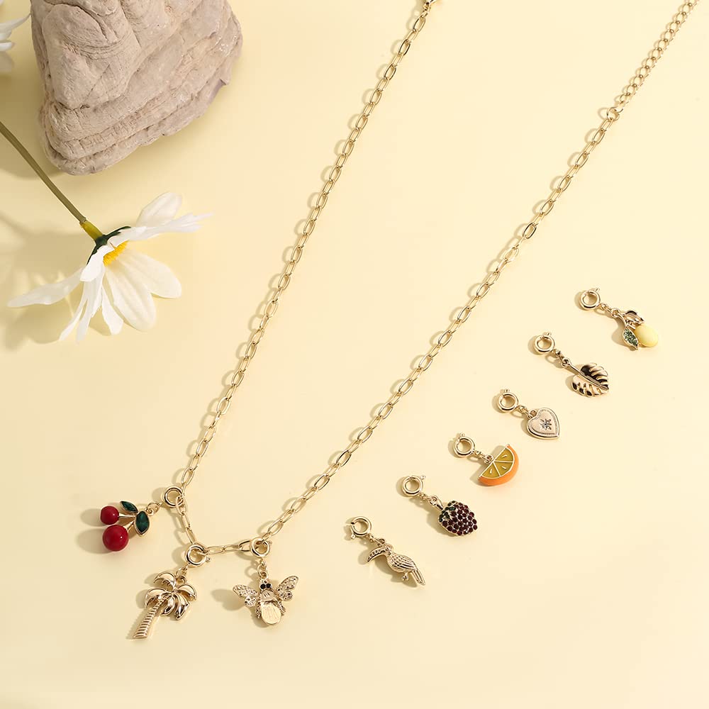 Rambling Rose 14K Gold Plated DIY Fruit Charm Necklace, Summer Tropical Fruit Cherry,Strawberry Crystal Statement Pendant Necklace For Women