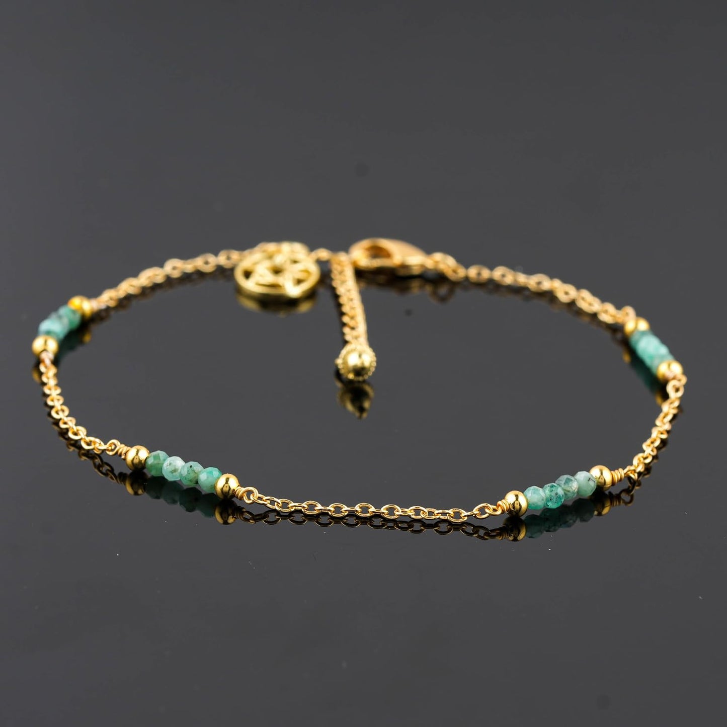 CRYSTALINES Natural Emerald Gemstone Beads, Handmade Station Dangle Star Charms Anklet, 14K Gold Plated, Adjustable Fashion Boho Jewelry for Women, Healing Crystals, Christmas Gift
