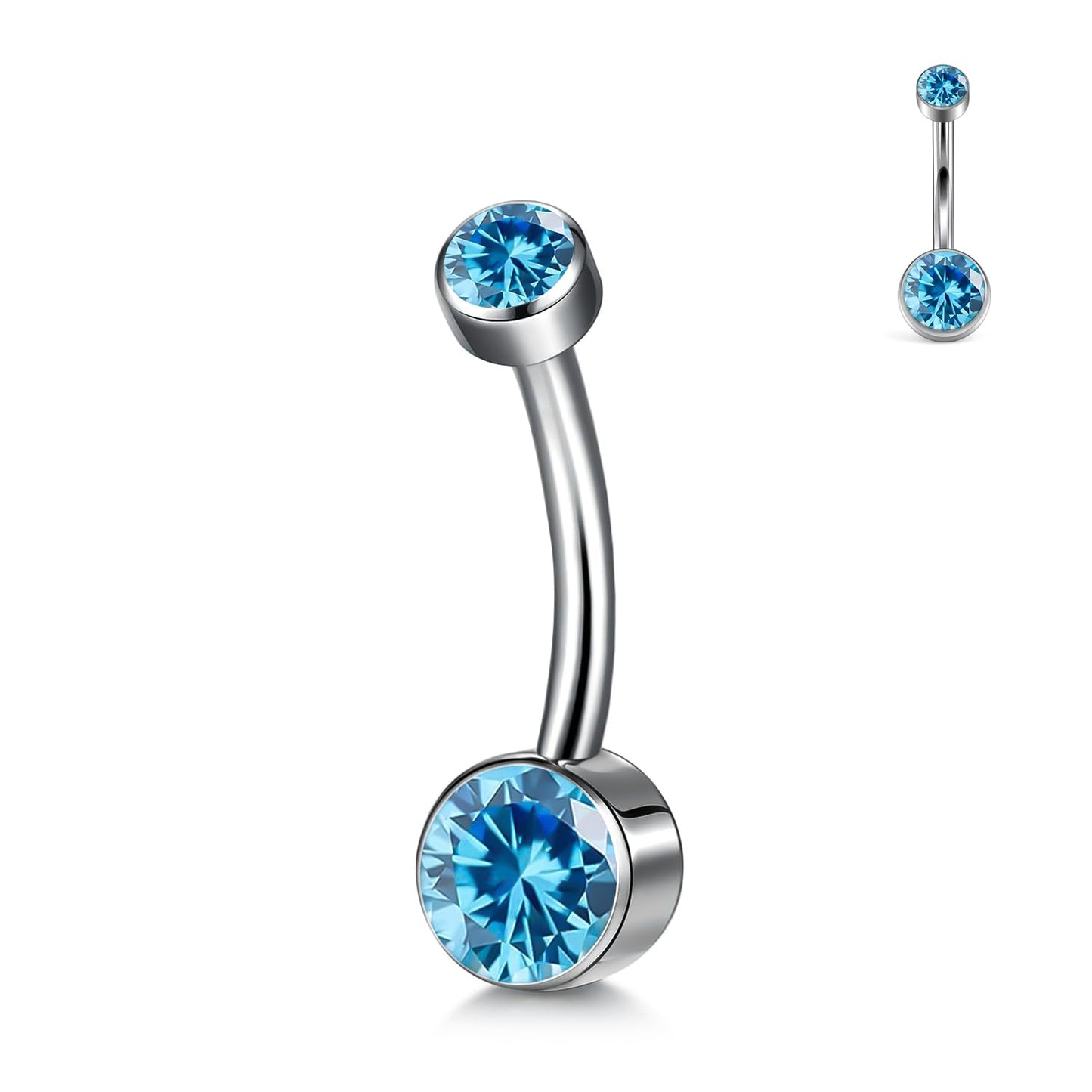 XUU Titanium Belly Button Rings, Black & Silver – 14G Internally Threaded Navel Piercing Jewelry, 10mm & 12mm Curved Barbells with 7 Colors Gems – Hypoallergenic (Silver-Blue cz, 10MM)