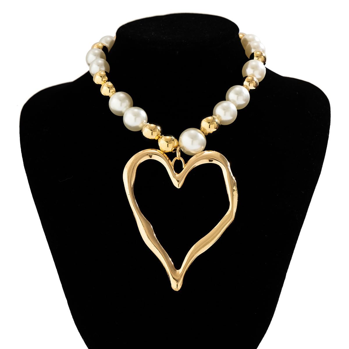 Y2k Large Heart Necklaces for Women Chunky Love Pearl Ball Beads Choker Necklaces Exaggerated Big Hollow Heart Pendant Necklace Statement Jewelry Gifts (Gold1)