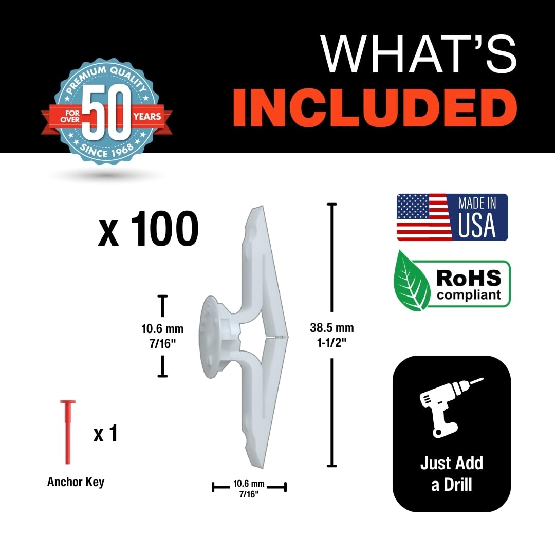 TOGGLER Toggle TA Hollow Door Anchors, Polypropylene Heavy Duty, Fits #8–#12 Screws, 1/8"–1/4" Grip Range, 124 lbs Grip in 1/4" Plywood, Made in USA (Pack of 100 Screws not Included)