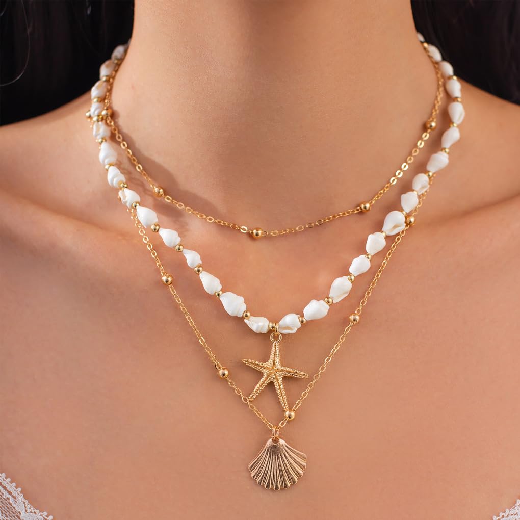 Twentylo Layered Gold Chunky Starfish Necklace for Women,Trendy Boho Shell Choker Necklace,Dainty Beach Holiday Dress Jewelry (Layered)
