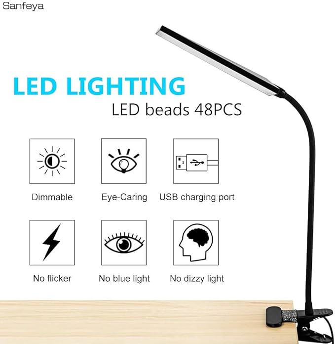 Vansuny Clip on Light LED Desk Lamp with Eye-Caring LED Light and Metal Clip, 11 Level Brightness 3 Color Modes, Power by USB Port 5W Adjustable Neck Reading Lamp for Home and Office (5W, Black)